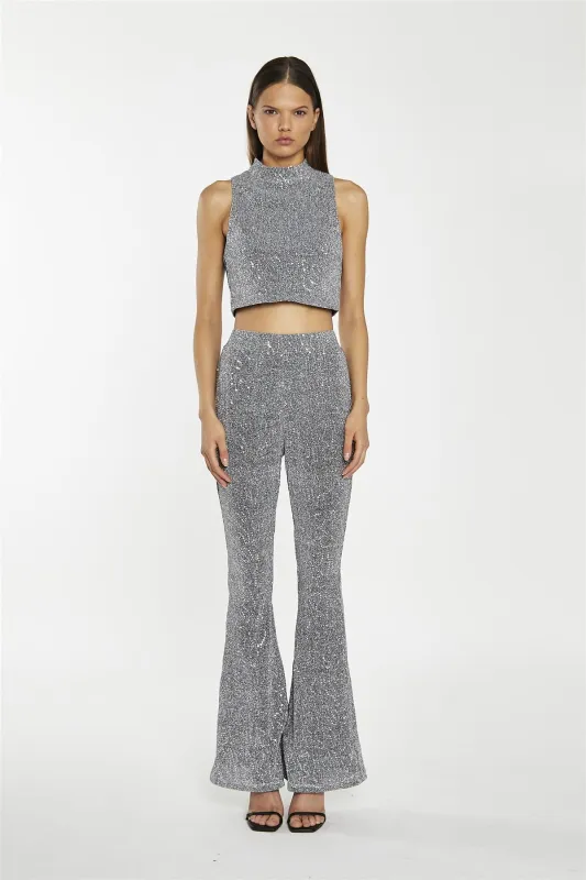 Silver-Sequin Plisse  Flared-Trousers sold by Glamorous
