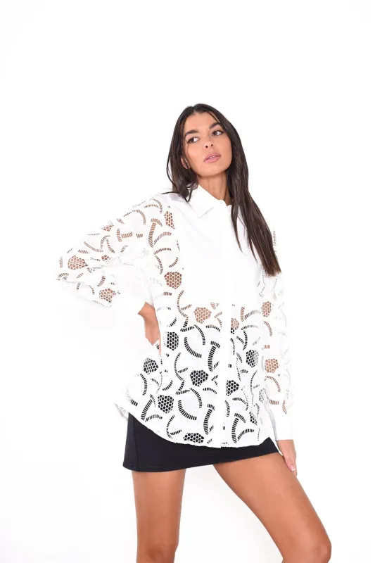 White Long Line Button Detailed Long Sleeve Shirt made by Glamorous