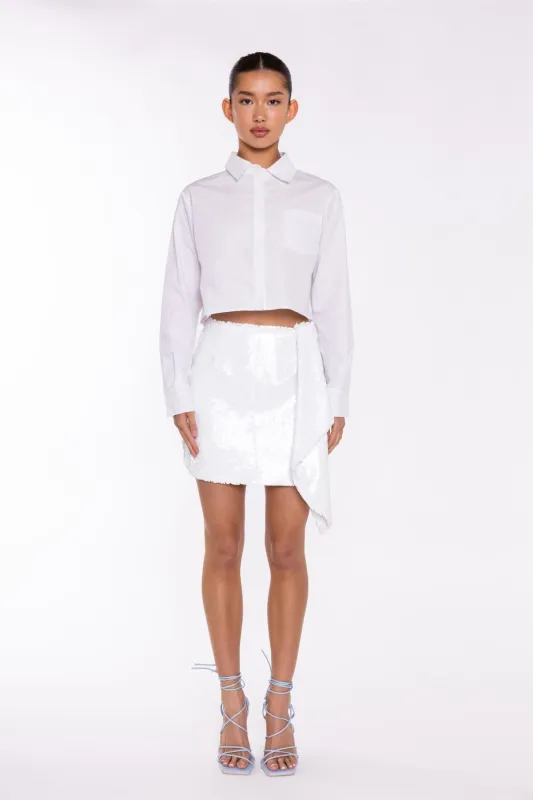 White-Sequin Asymmetric-Drape Mini-Skirt sold by Glamorous