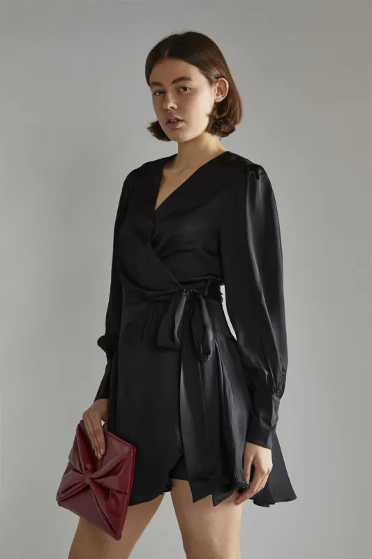 Black-Satin Wrap Mini-Dress sold by Glamorous