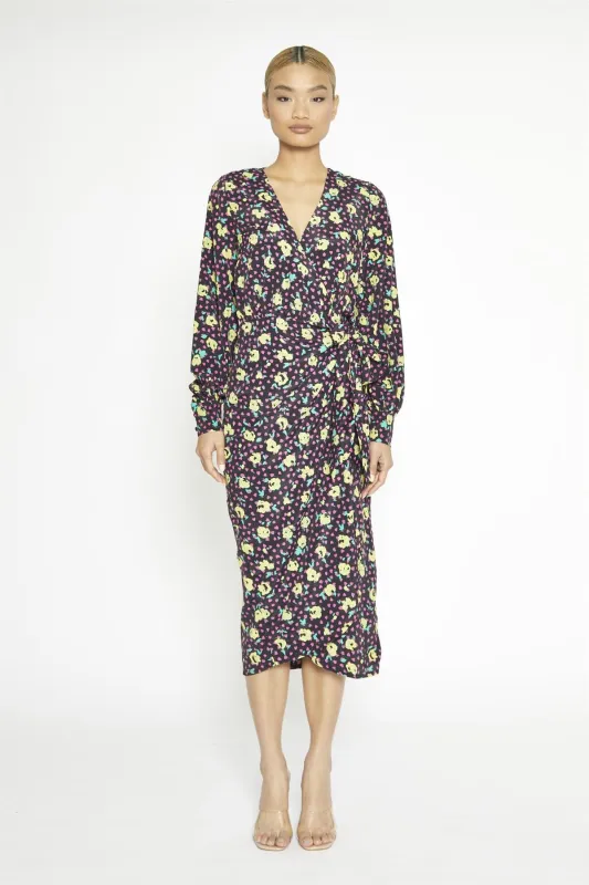 Black Multi-Roses Wrap Midi-Dress sold by Glamorous