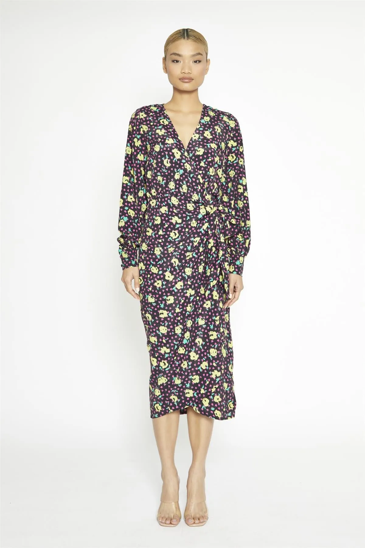 Black Multi-Roses Wrap Midi-Dress sold by Glamorous