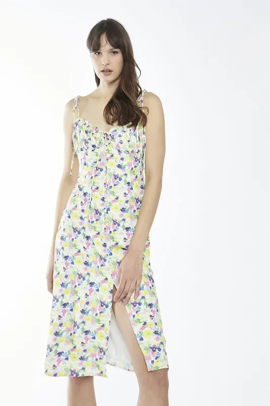 Bright-Watercolour Floral Milkmaid Midi-Dress sold by Glamorous