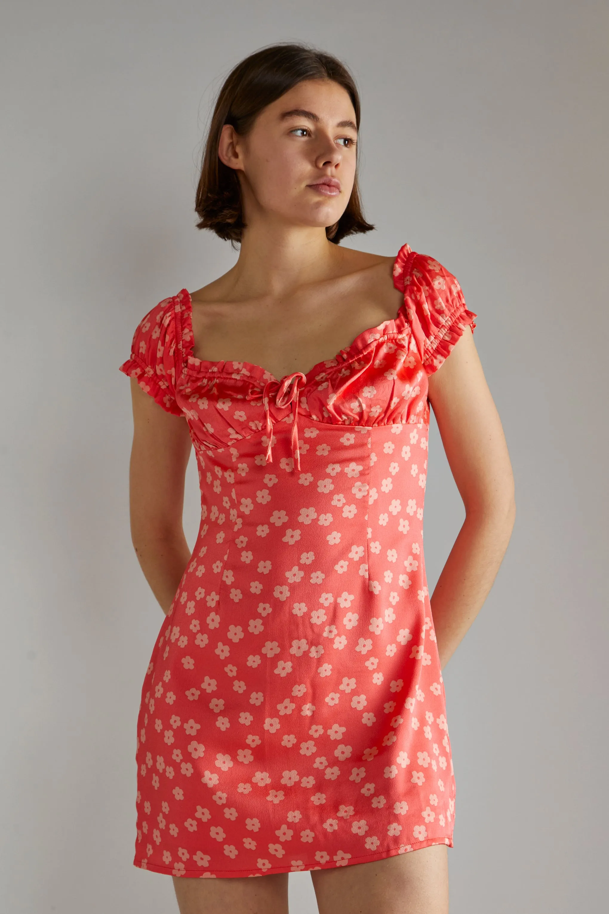 Coral-Pink Daisy Milkmaid Mini-Dress sold by Glamorous