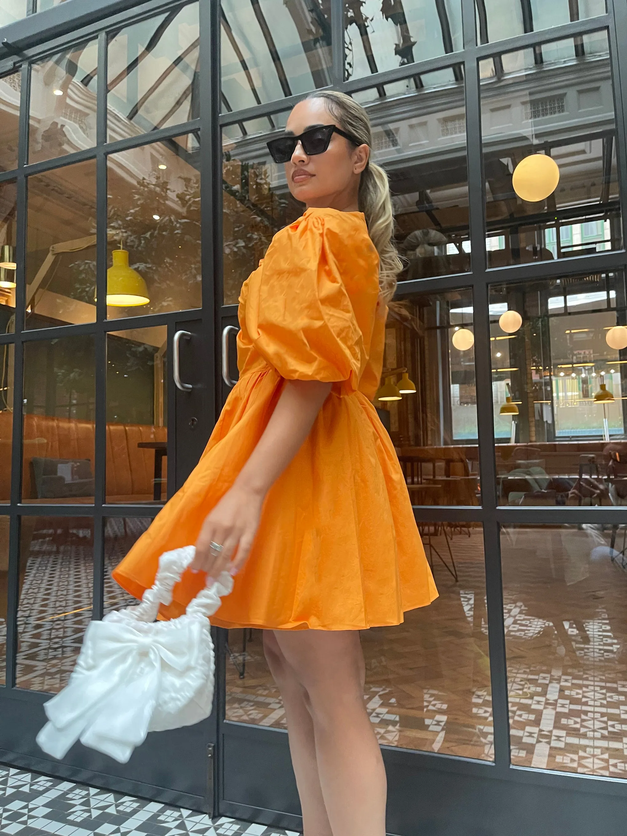 Bright-Orange Puff-Sleeve Skater Mini-Dress sold by Glamorous product image thumbnail 3