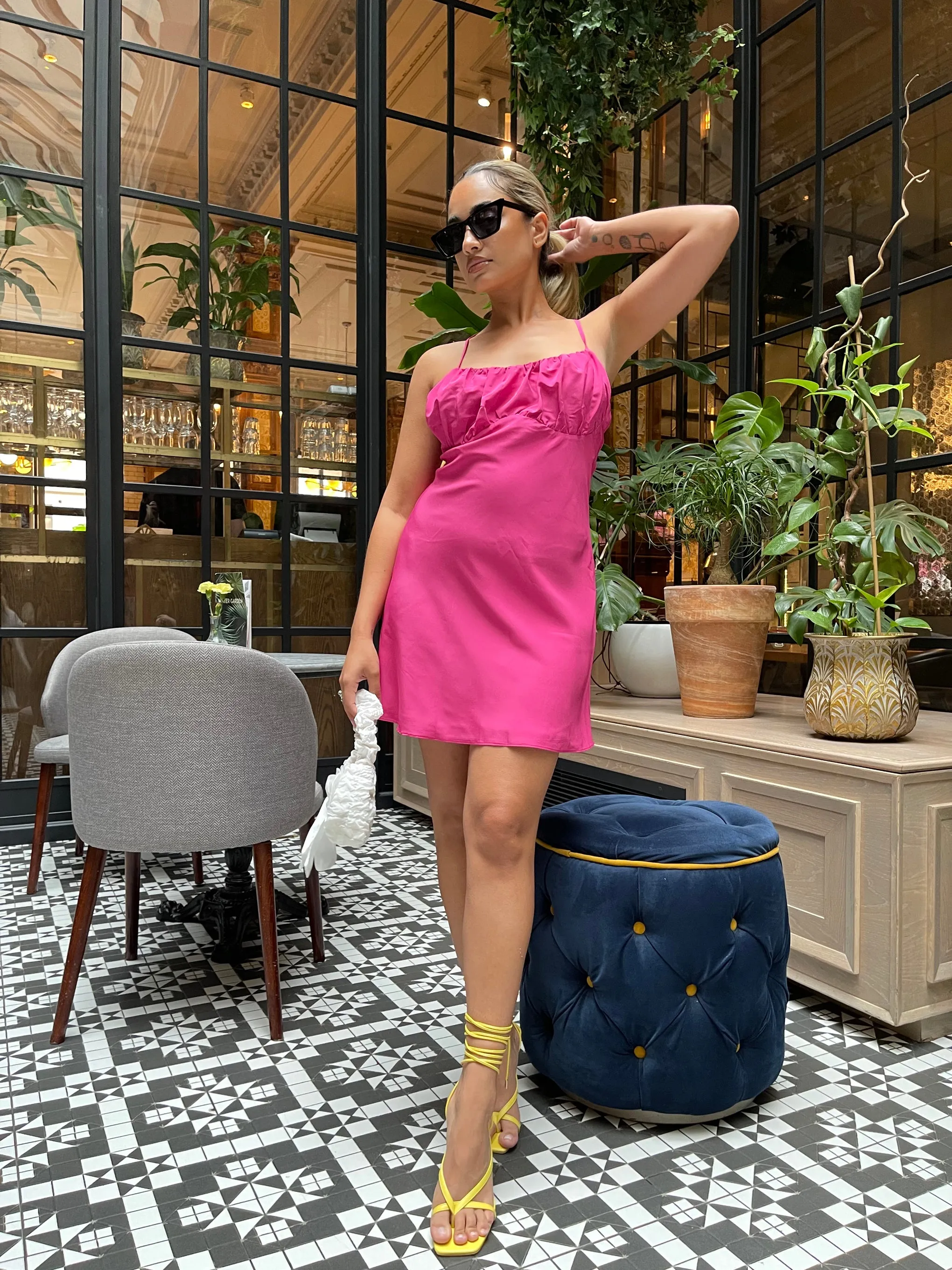 Bright-Pink Gathered-Bust Mini-Dress sold by Glamorous