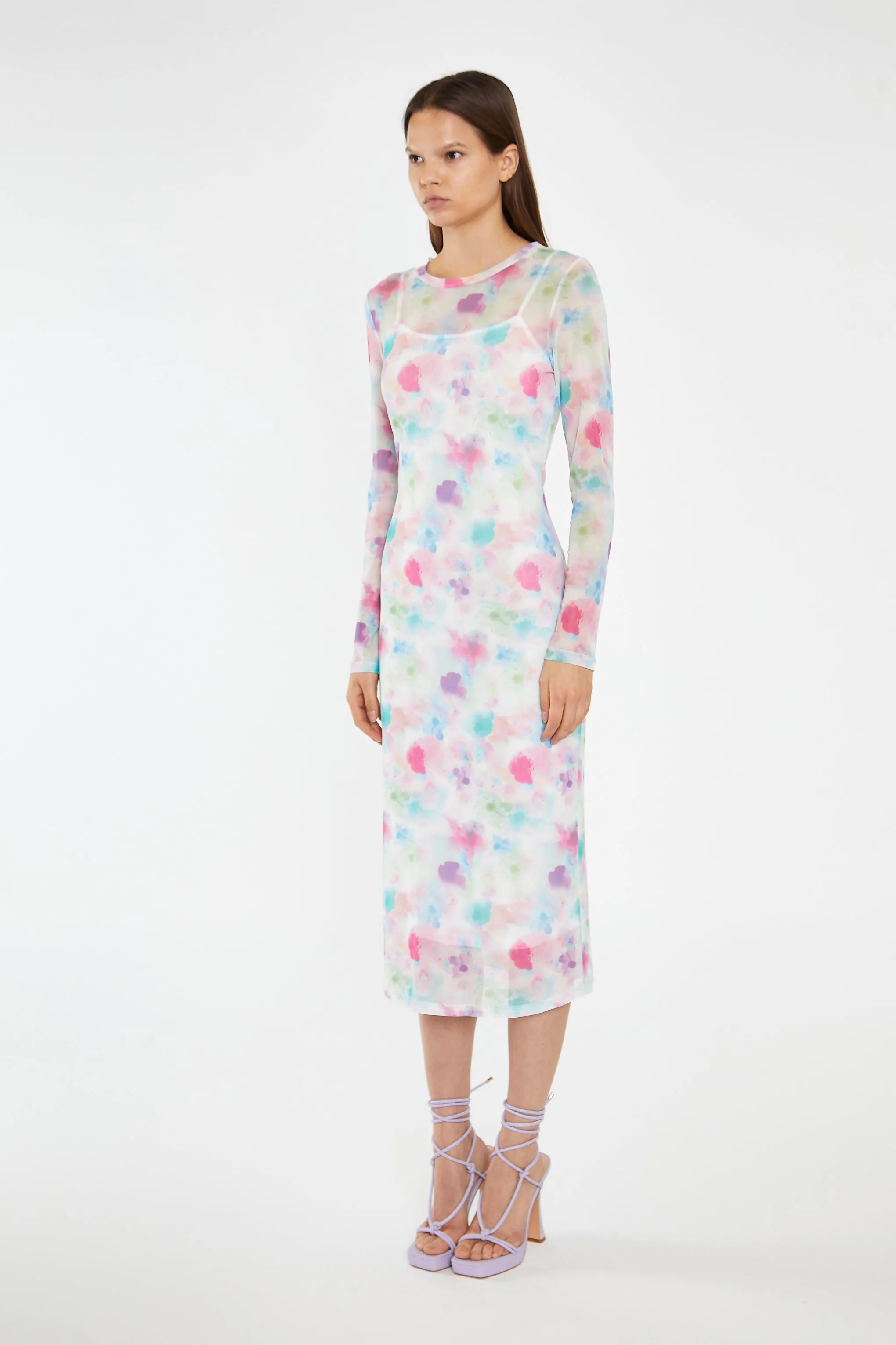 Watercolour-Floral Mesh Long Sleeve Midi-Dress sold by Glamorous product image thumbnail 4