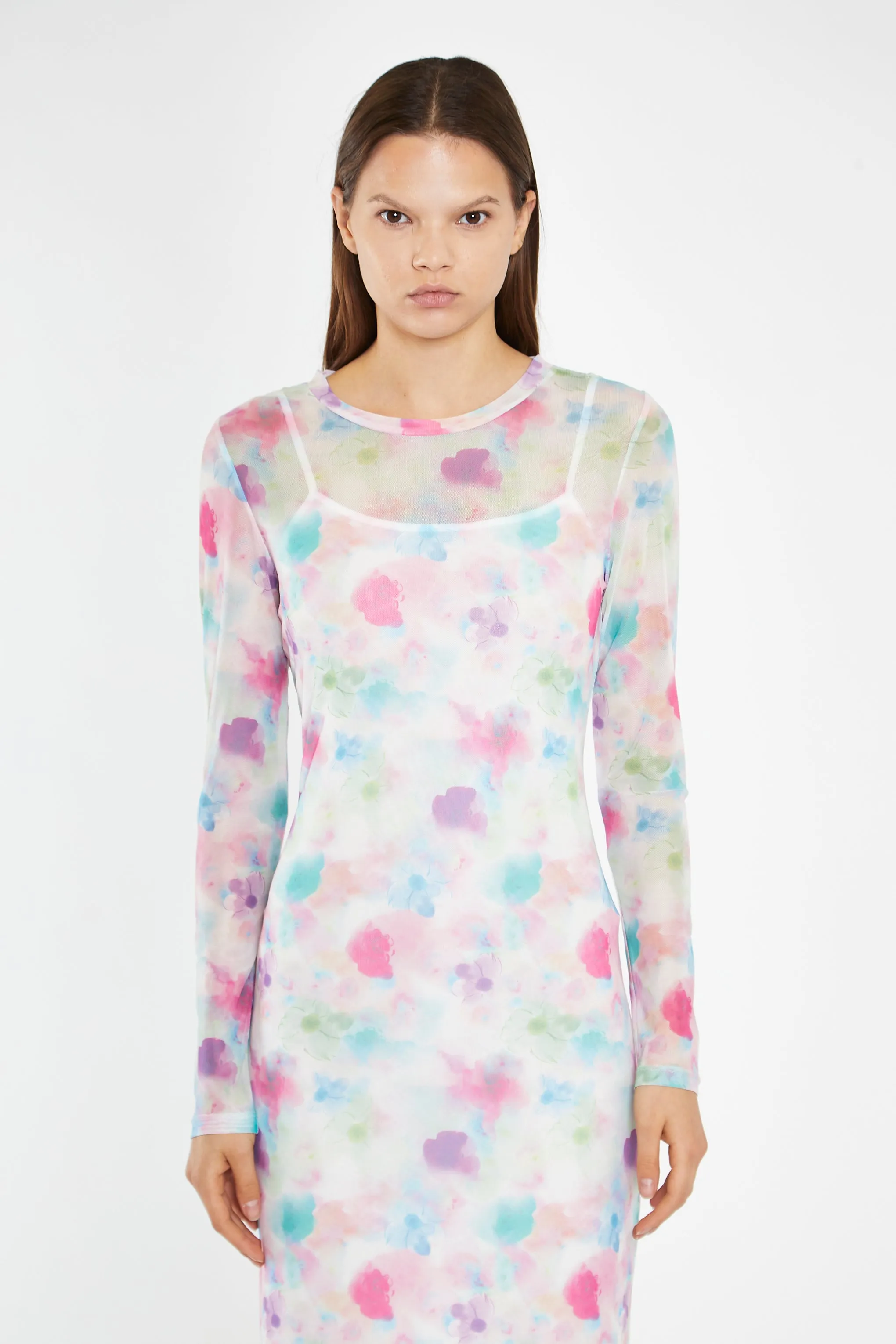 Watercolour-Floral Mesh Long Sleeve Midi-Dress sold by Glamorous product image thumbnail 2