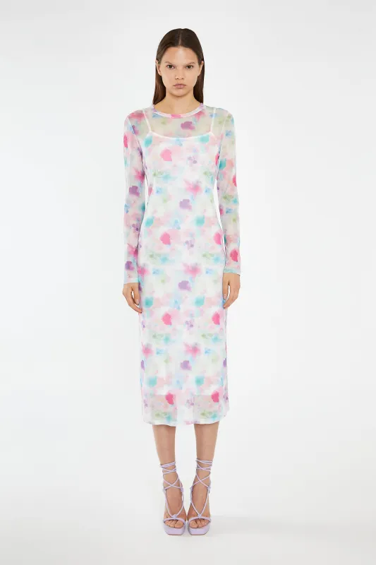 Watercolour-Floral Mesh Long Sleeve Midi-Dress sold by Glamorous