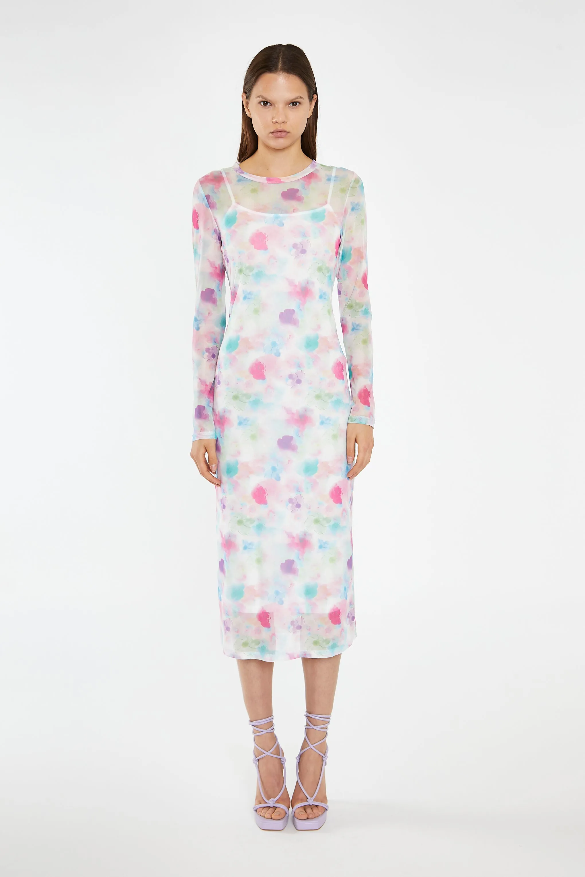 Watercolour-Floral Mesh Long Sleeve Midi-Dress sold by Glamorous