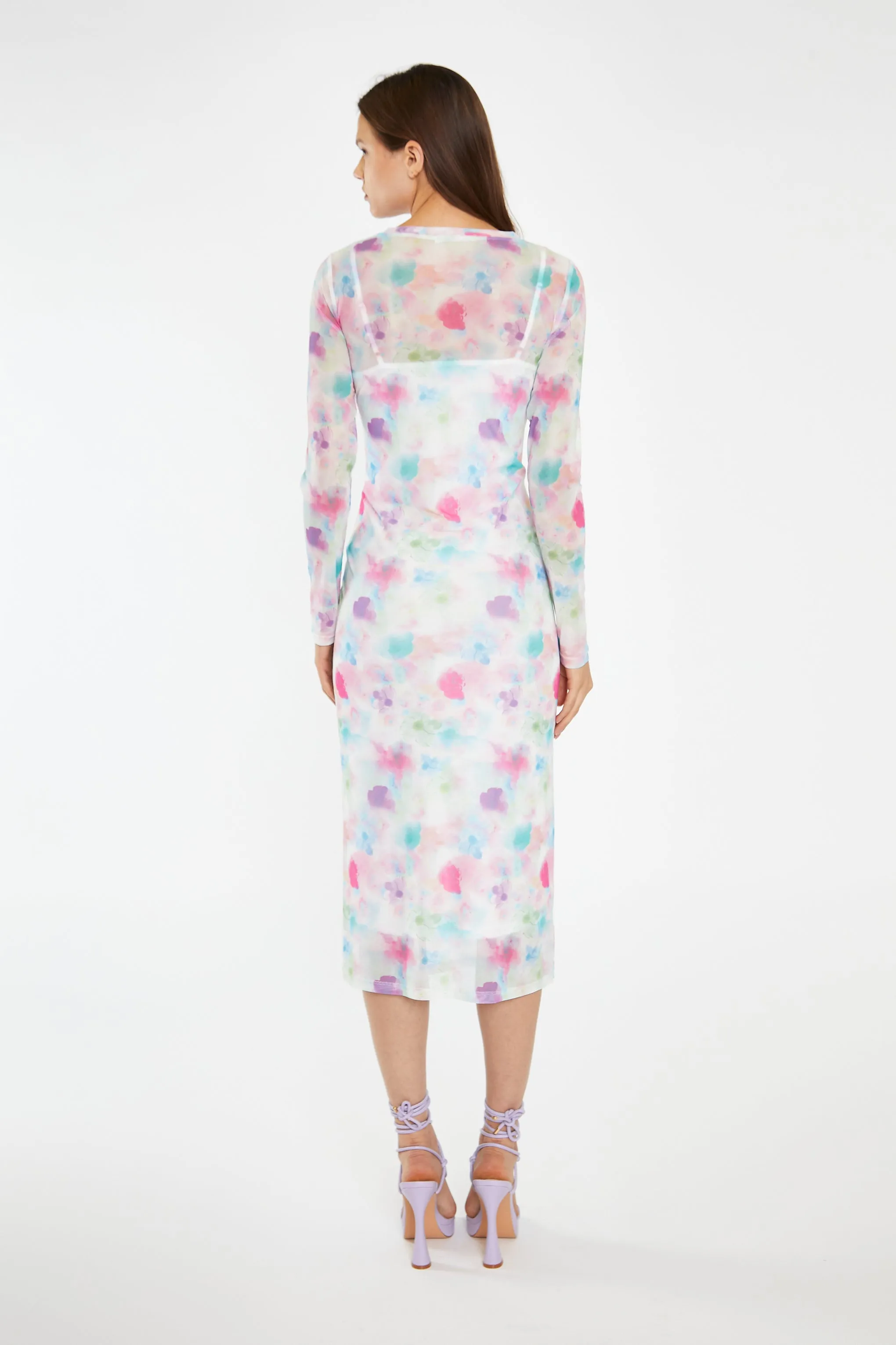 Watercolour-Floral Mesh Long Sleeve Midi-Dress sold by Glamorous product image thumbnail 3