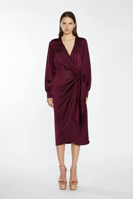 Deep Burgundy Satin Long-Sleeve Wrap Midi-Dress sold by Glamorous