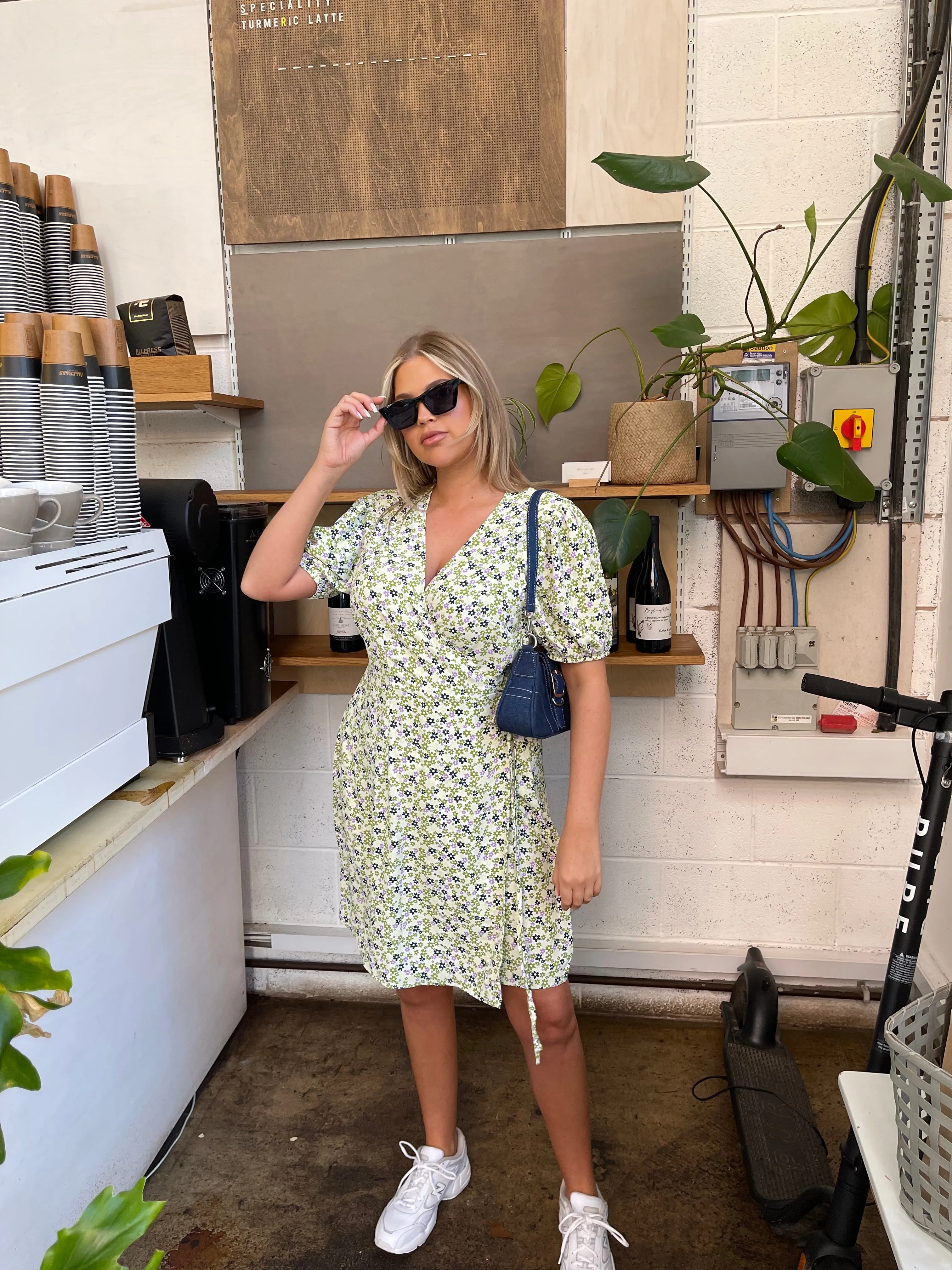 Retro Daisy Wrap Short-Sleeve Mini-Dress sold by Glamorous