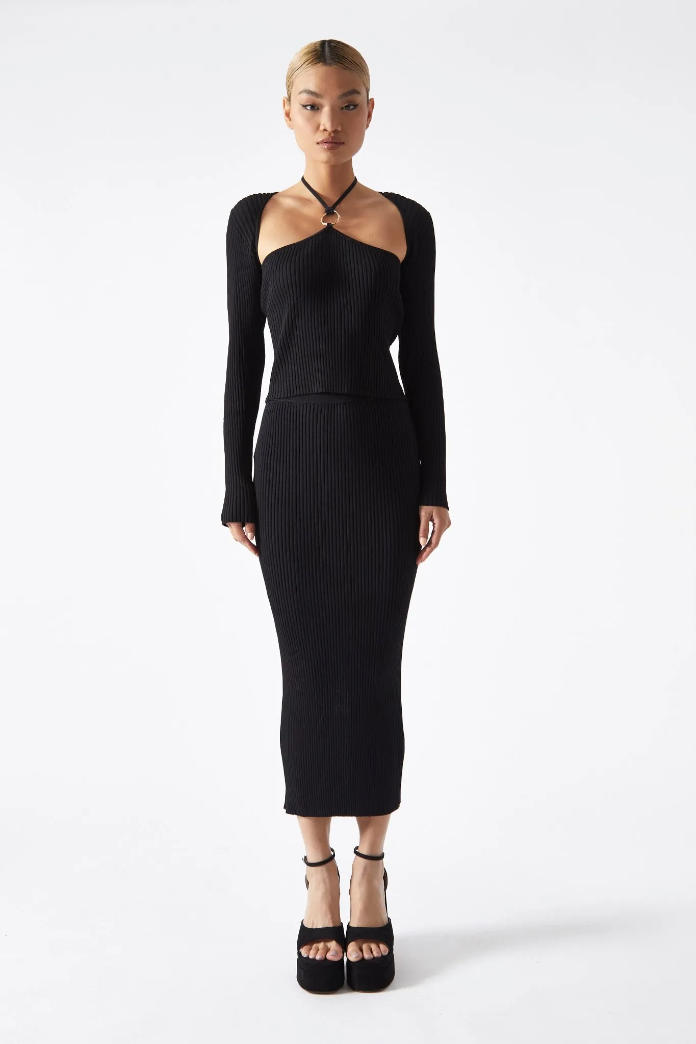 Black High-Waist Knit Midaxi-Skirt sold by Glamorous