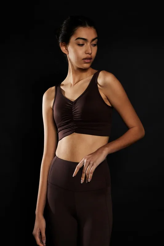 Chocolate Ruched Sports Bra sold by Glamorous