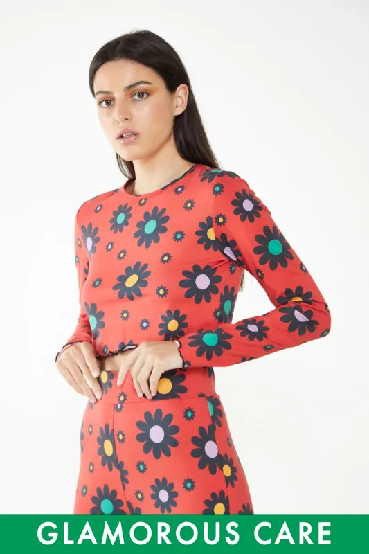 Glamorous Care Red Bright Daisy Long Sleeve Crop Top sold by Glamorous