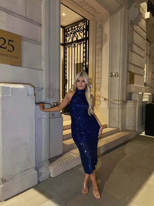 Glamorous Navy Peony Sequin Halter Neck Midi Dress sold by Glamorous