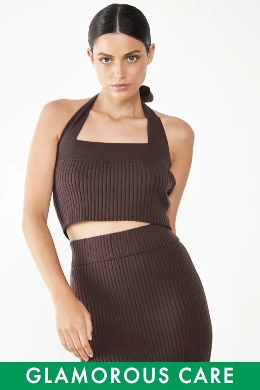 Glamorous Care Brown Ribbed Halter Neck Top made by Glamorous