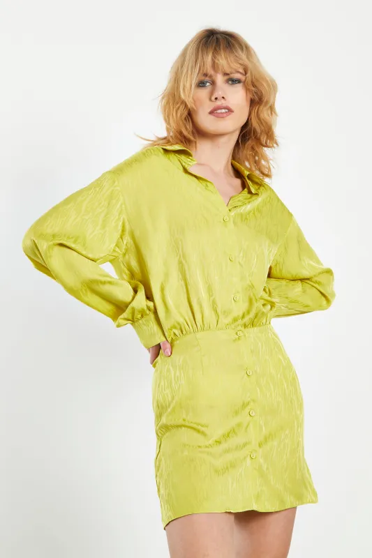 Glamorous Lime Satin Jacquard Tailored Mini Shirt Dress sold by Glamorous