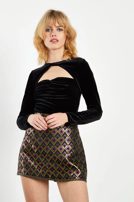 Glamorous Black Velvet Long Sleeve Bodysuit with Front Twist Detail sold by Glamorous