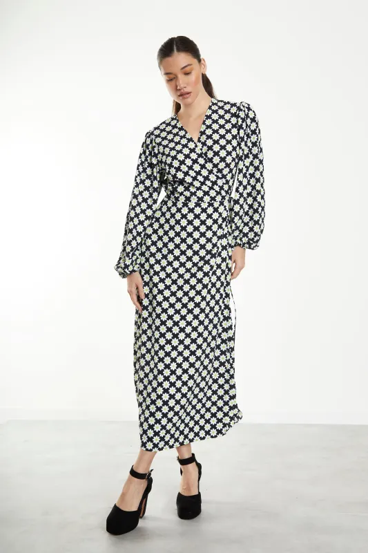 Glamorous Sixties Flower Long Sleeve Wrap Midi Dress sold by Glamorous