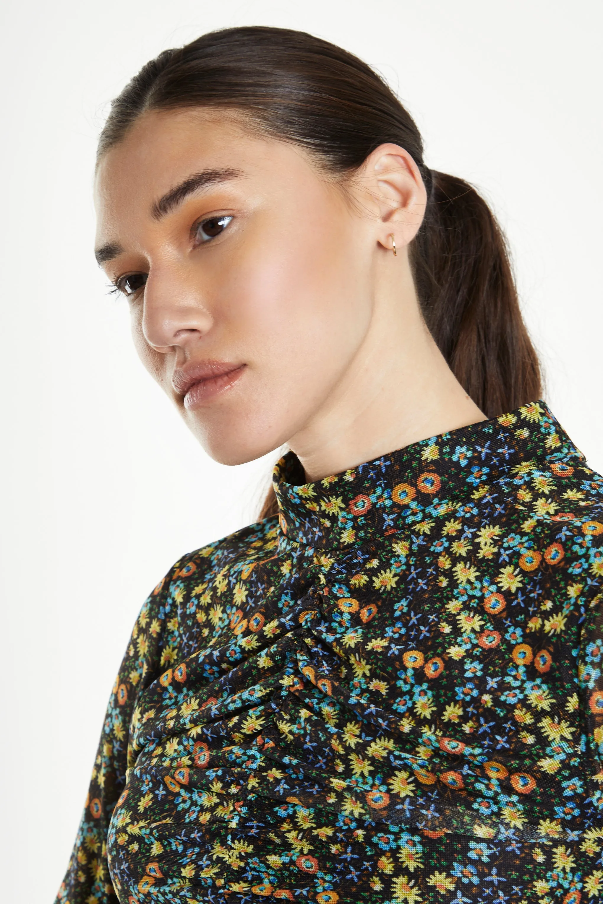 Glamorous Black Multi Floral Mesh Long Sleeved Ruched Mini Dress sold by Glamorous product image thumbnail 3