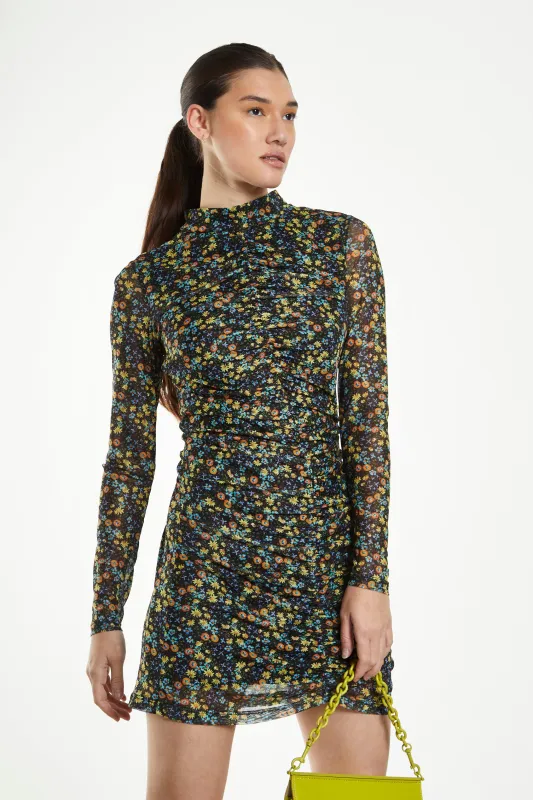 Glamorous Black Multi Floral Mesh Long Sleeved Ruched Mini Dress sold by Glamorous