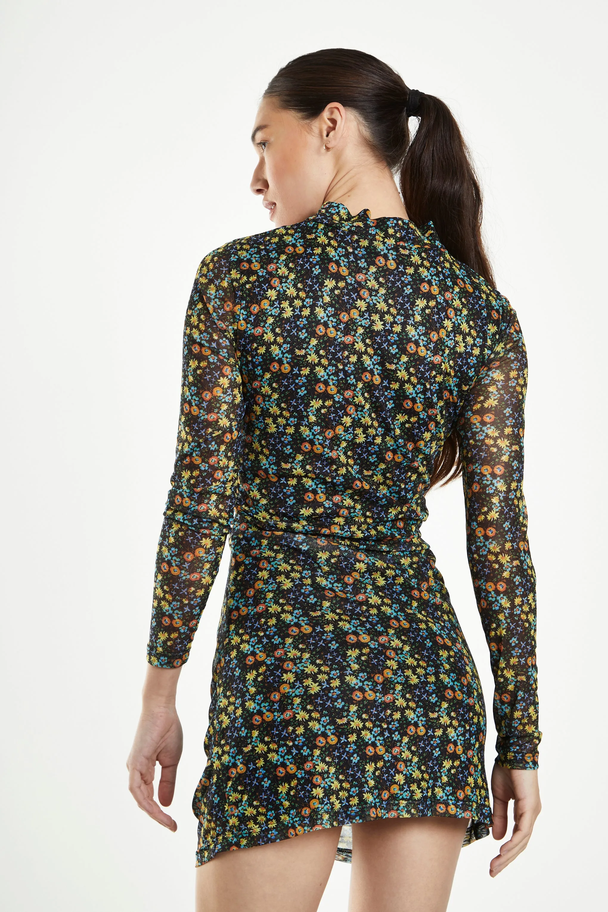 Glamorous Black Multi Floral Mesh Long Sleeved Ruched Mini Dress sold by Glamorous product image thumbnail 2