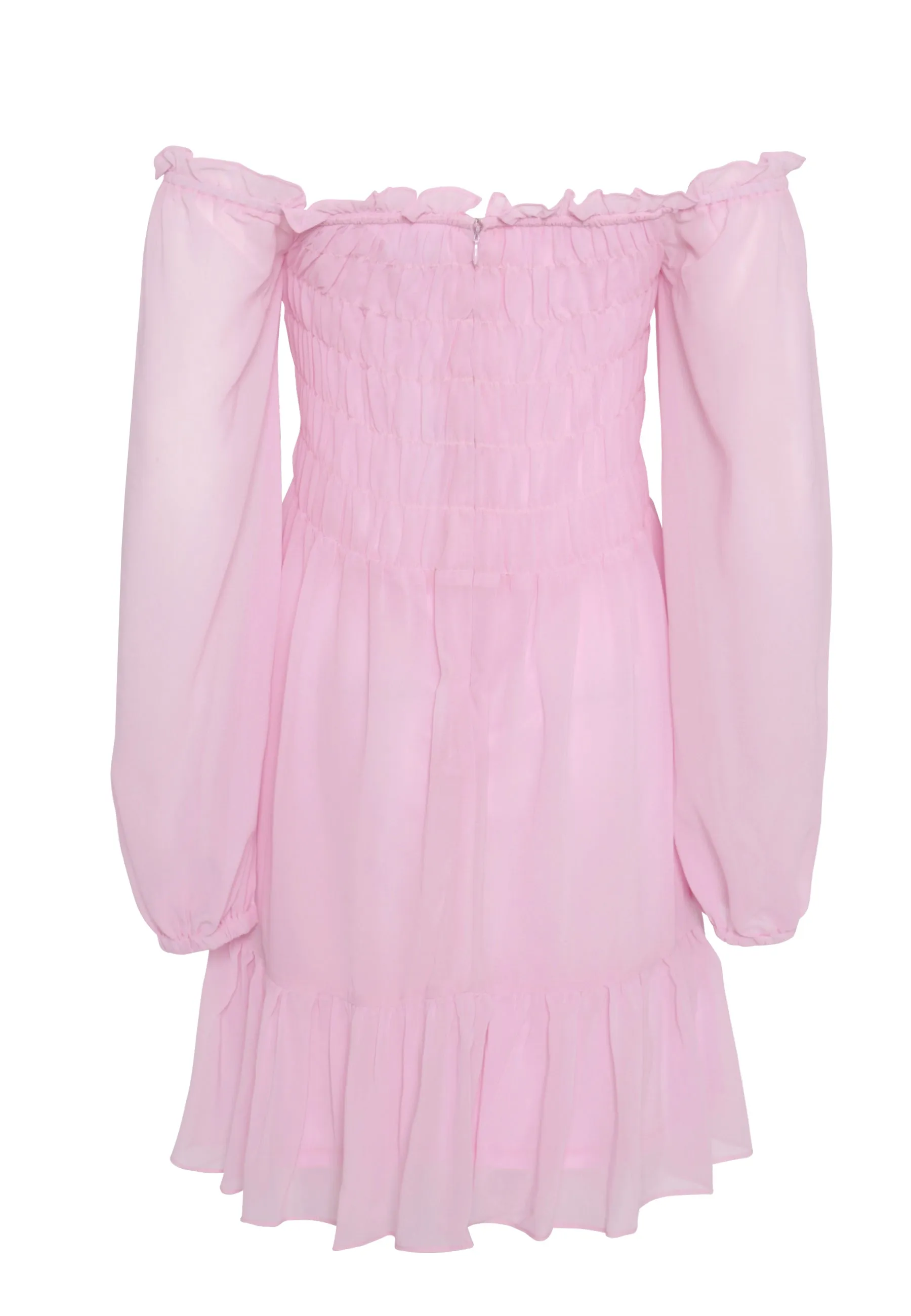 Glamorous Light Pink Long Sleeve Bardot Mini dress with Smocked Bodice and Tiered Skirt sold by Glamorous product image thumbnail 2