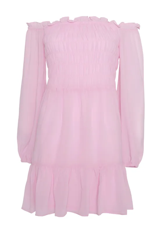 Glamorous Light Pink Long Sleeve Bardot Mini dress with Smocked Bodice and Tiered Skirt sold by Glamorous