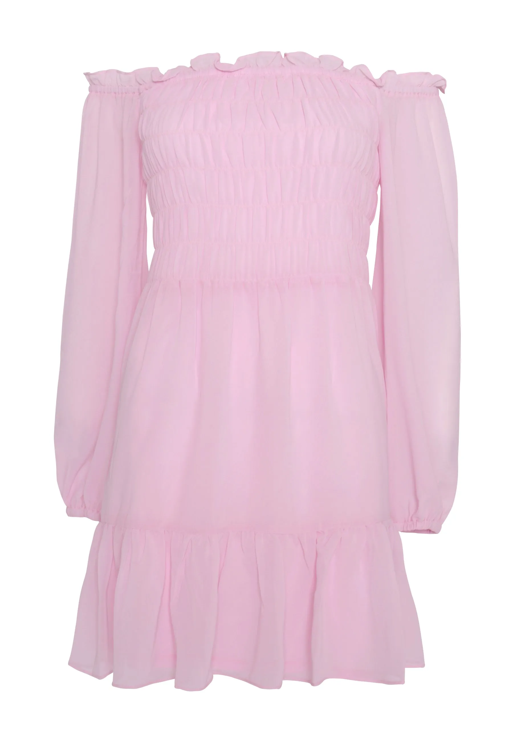 Glamorous Light Pink Long Sleeve Bardot Mini dress with Smocked Bodice and Tiered Skirt sold by Glamorous