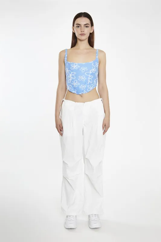 Blue-Scribble-Daisy-Mesh Sleeveless-Corset- Crop-Top made by Glamorous