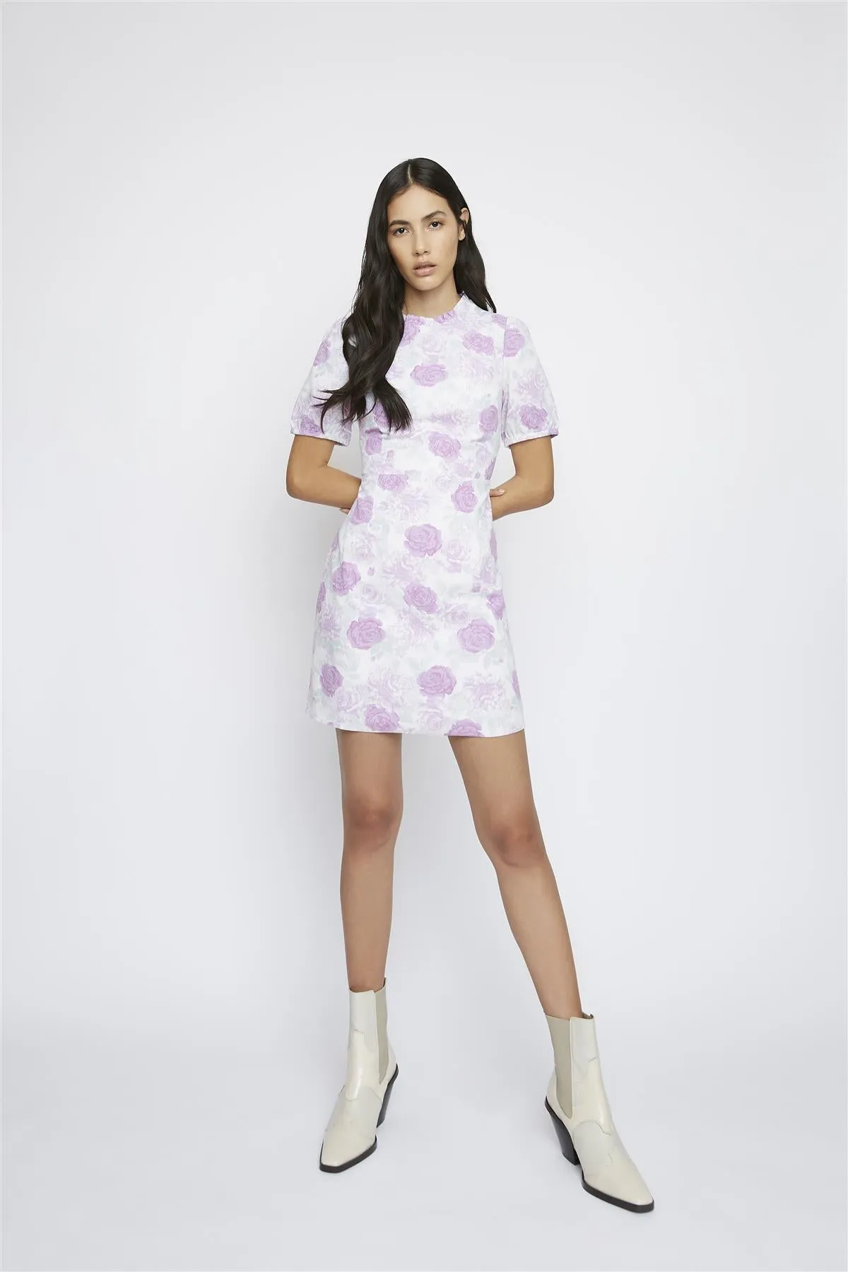 Lilac-Roses Ruffle-Trim Mini-Dress sold by Glamorous