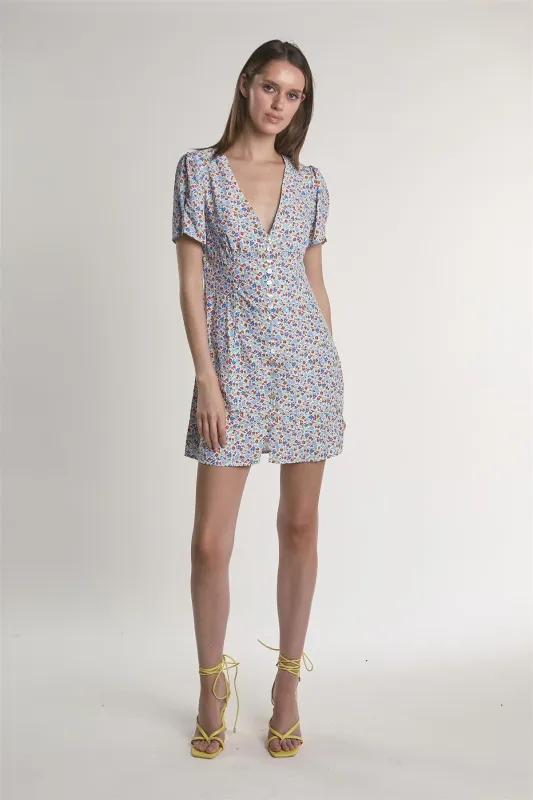 Blue-Red-Ditsy Button-Front Mini-Dress sold by Glamorous