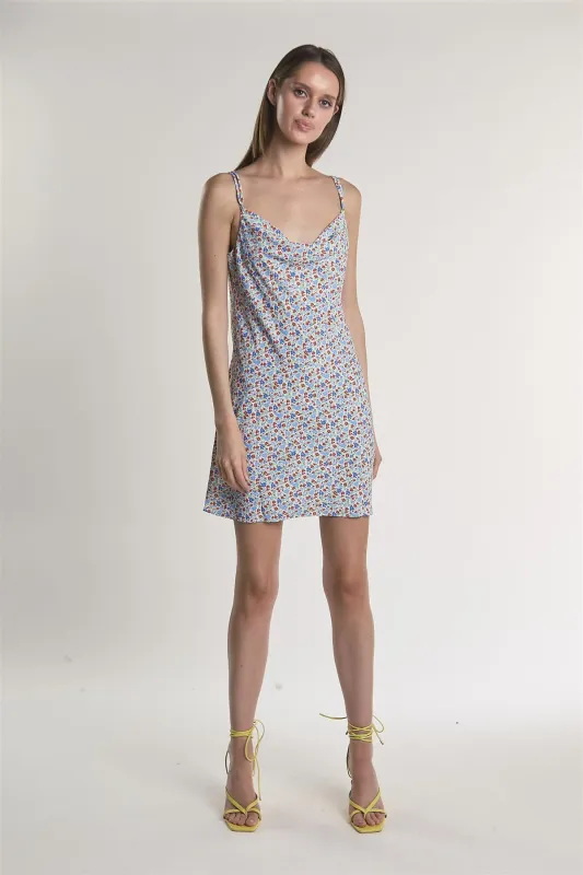 Blue-Red-Ditsy Cowl-Neck Mini-Dress sold by Glamorous