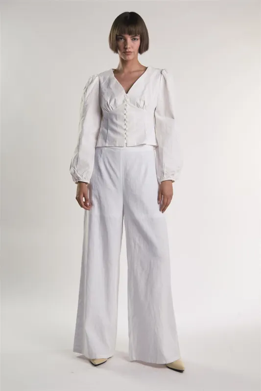 Long Sleeve Button Front V-Neck Blouse made by Glamorous
