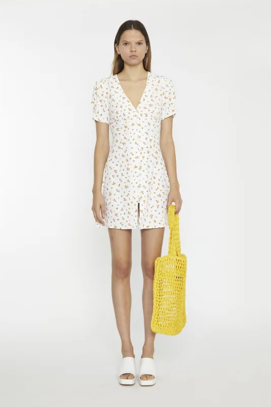 White Orange Ditsy V-Neck Button Down Mini-Dress sold by Glamorous