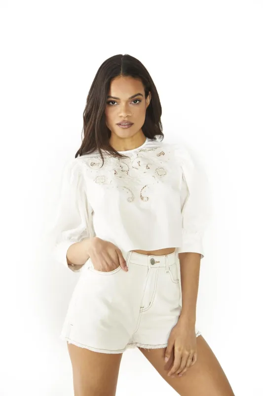 Off White Stone Lace Detailed Crop-Top sold by Glamorous