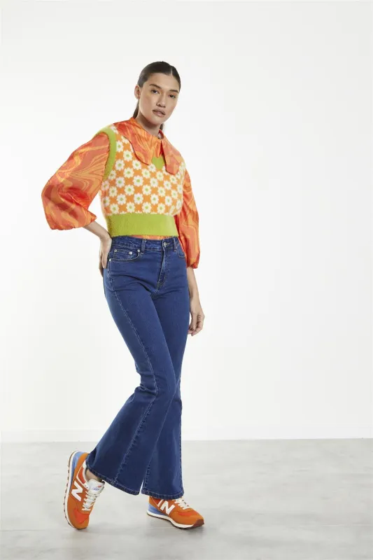 Green-Orange Multi-Flower V-Neck Knitted-Vest sold by Glamorous