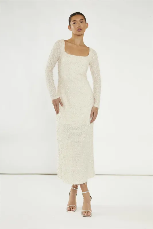 Nude Textured-Sequin Square-Neck Midaxi-Dress made by Glamorous