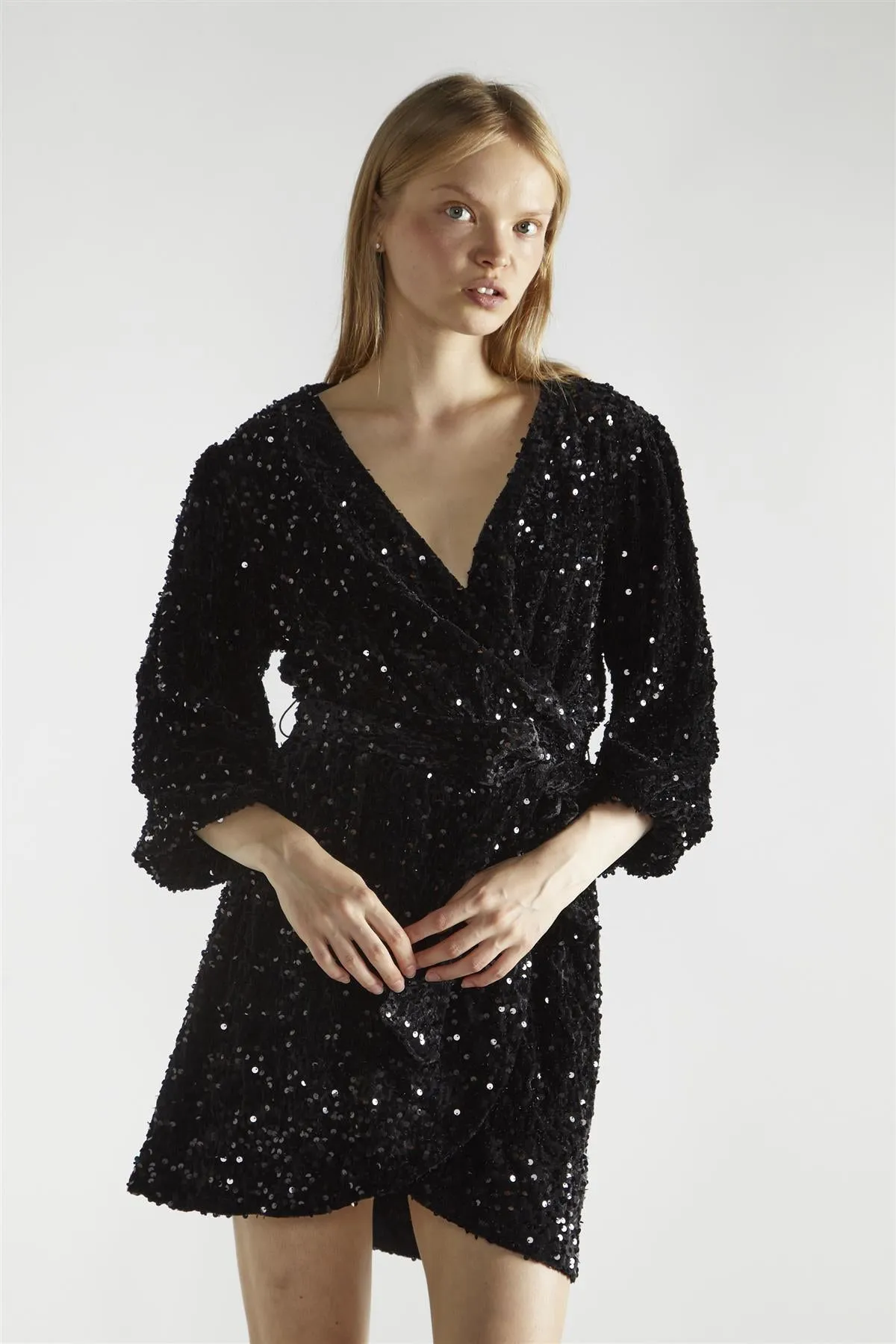 Black Velvet-Sequin Wrap Mini-Dress sold by Glamorous product image thumbnail 3