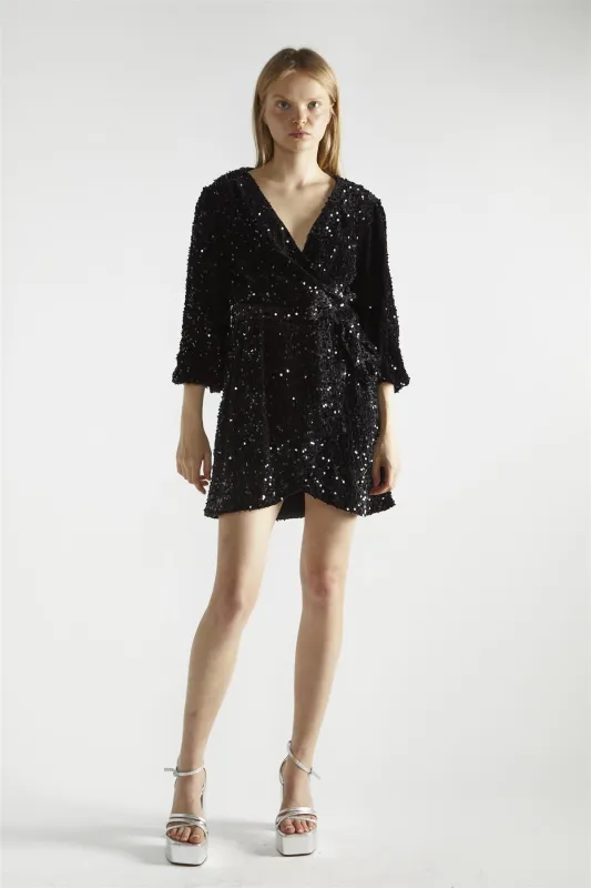 Black Velvet-Sequin Wrap Mini-Dress sold by Glamorous