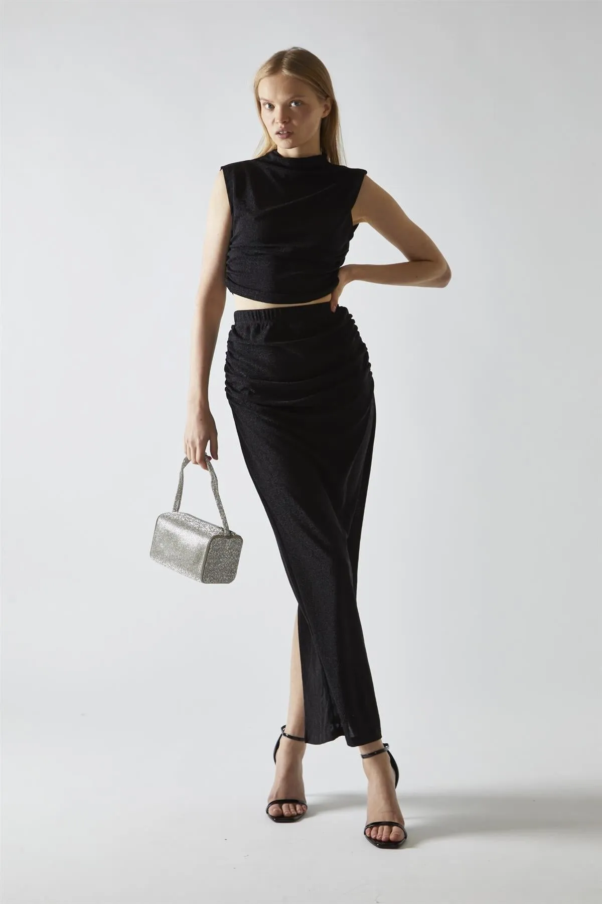 Black-Glitter High-neck Crop-Top sold by Glamorous