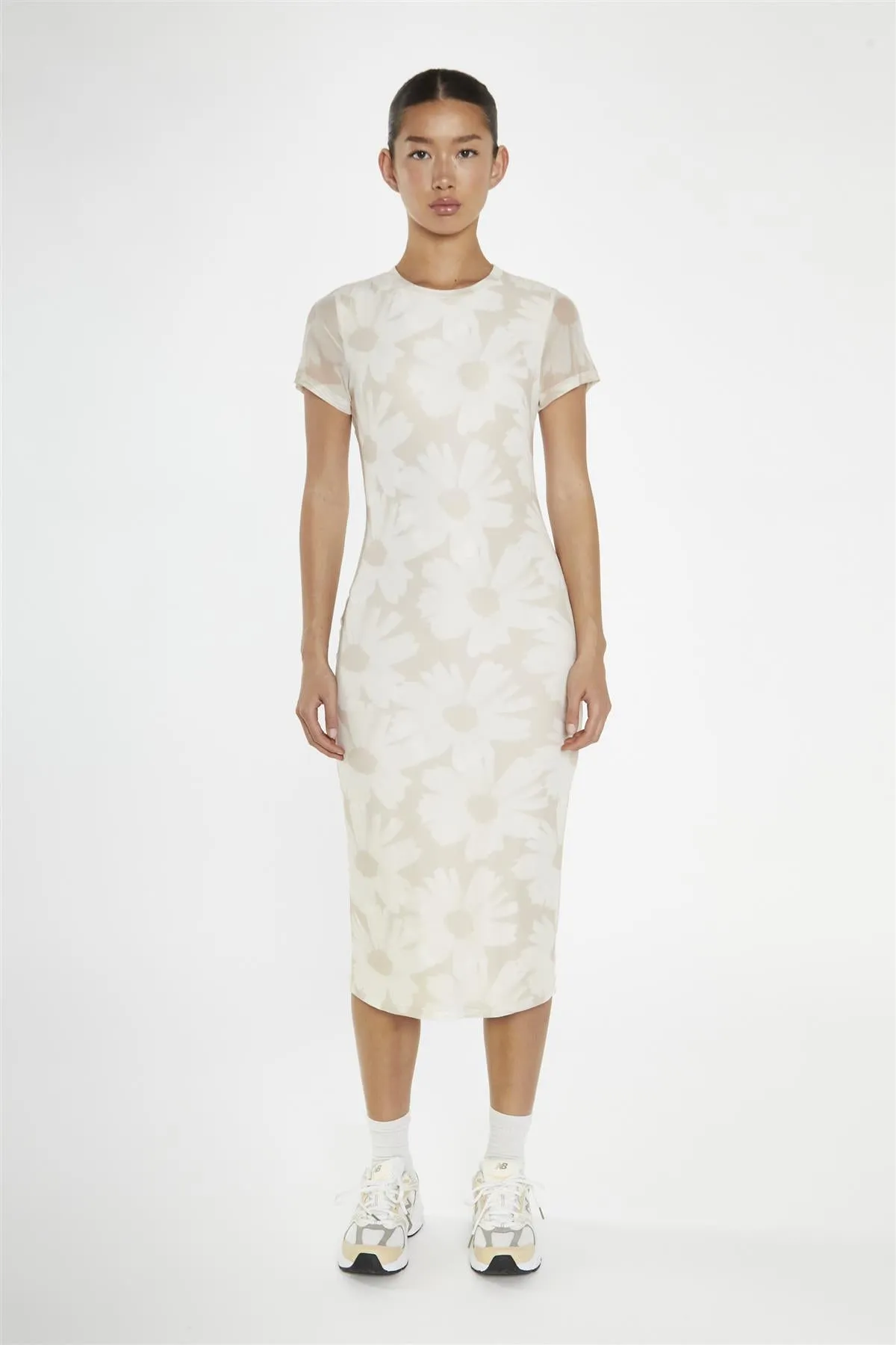 Stone-Sunflower Mesh Bodycon Midi-Dress sold by Glamorous