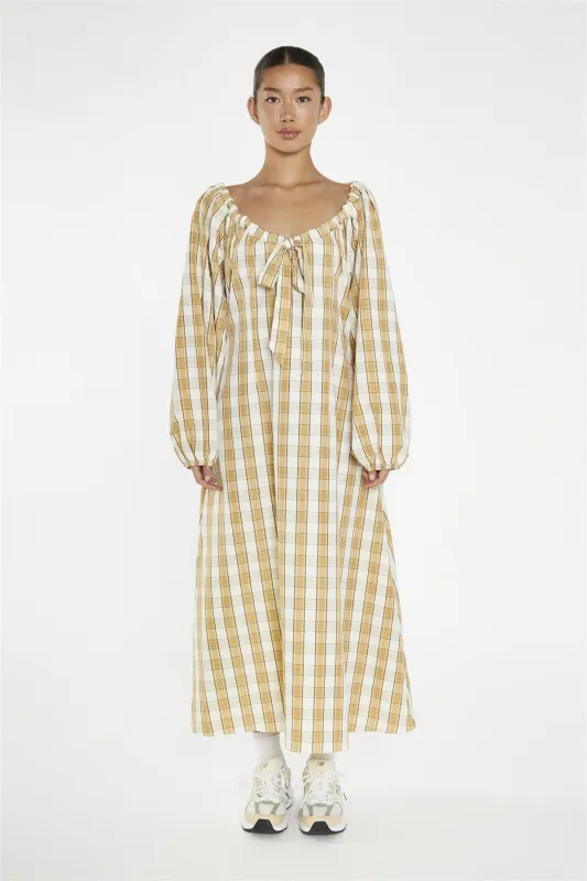 Beige-Cream Check Gathered Tie-Neck Midi-Dress sold by Glamorous