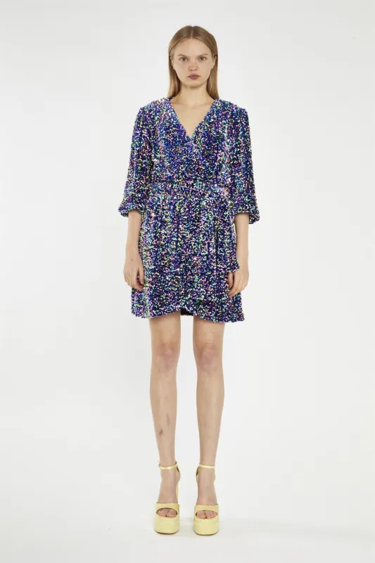 Navy Multi-Sequin Wrap Mini-Dress sold by Glamorous