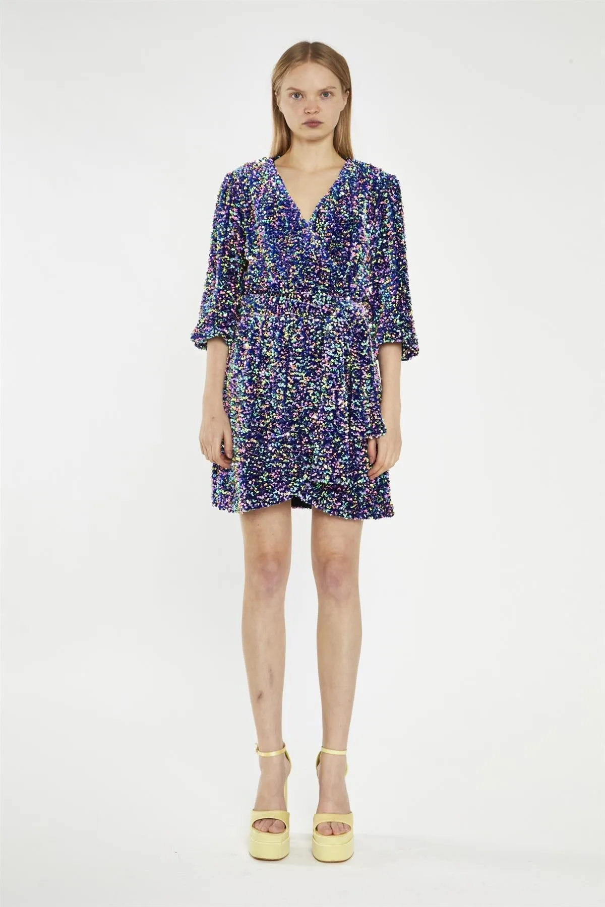 Navy Multi-Sequin Wrap Mini-Dress sold by Glamorous