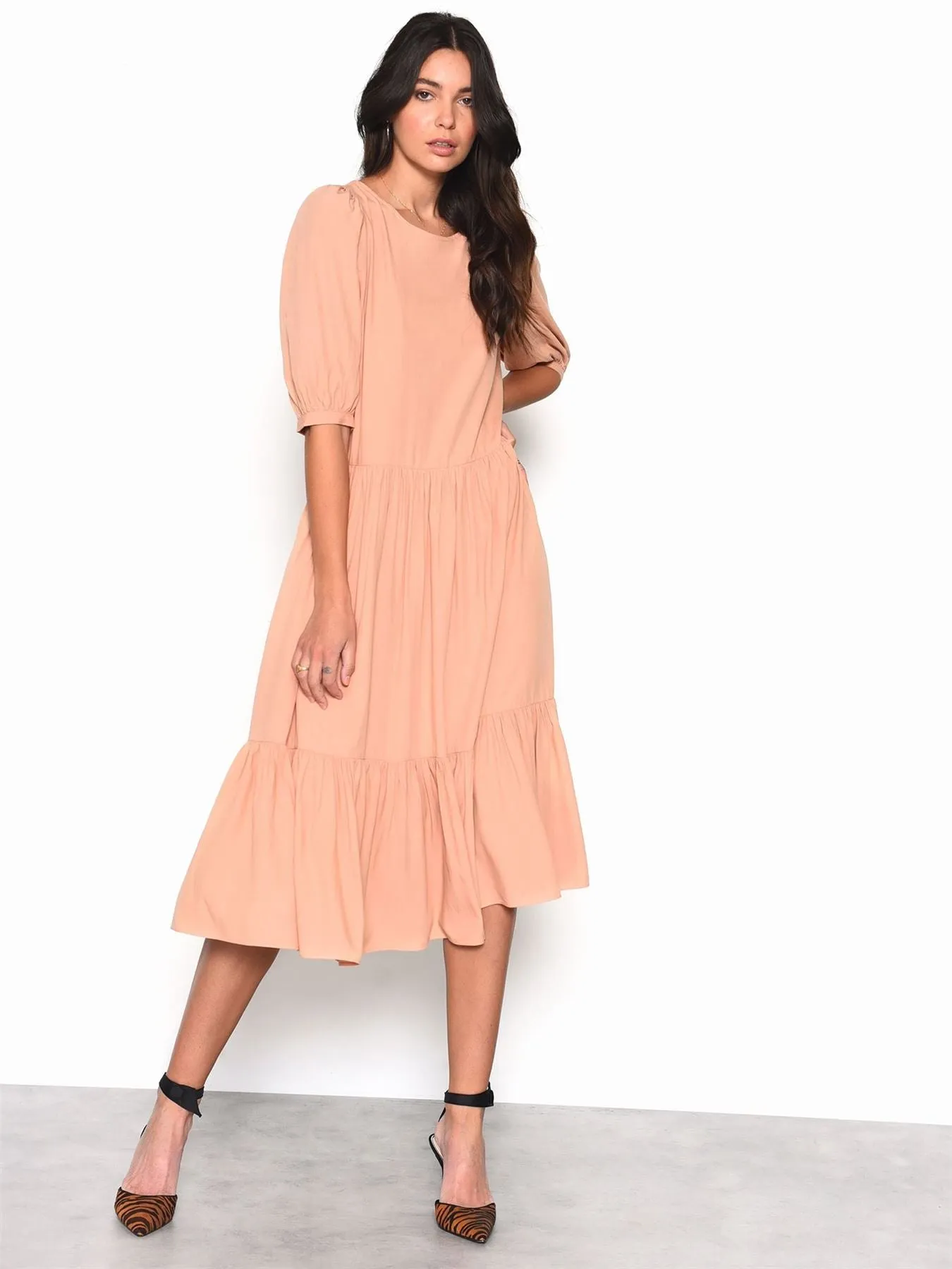 Peach Long Sleeve Puff Midi Dress sold by Glamorous