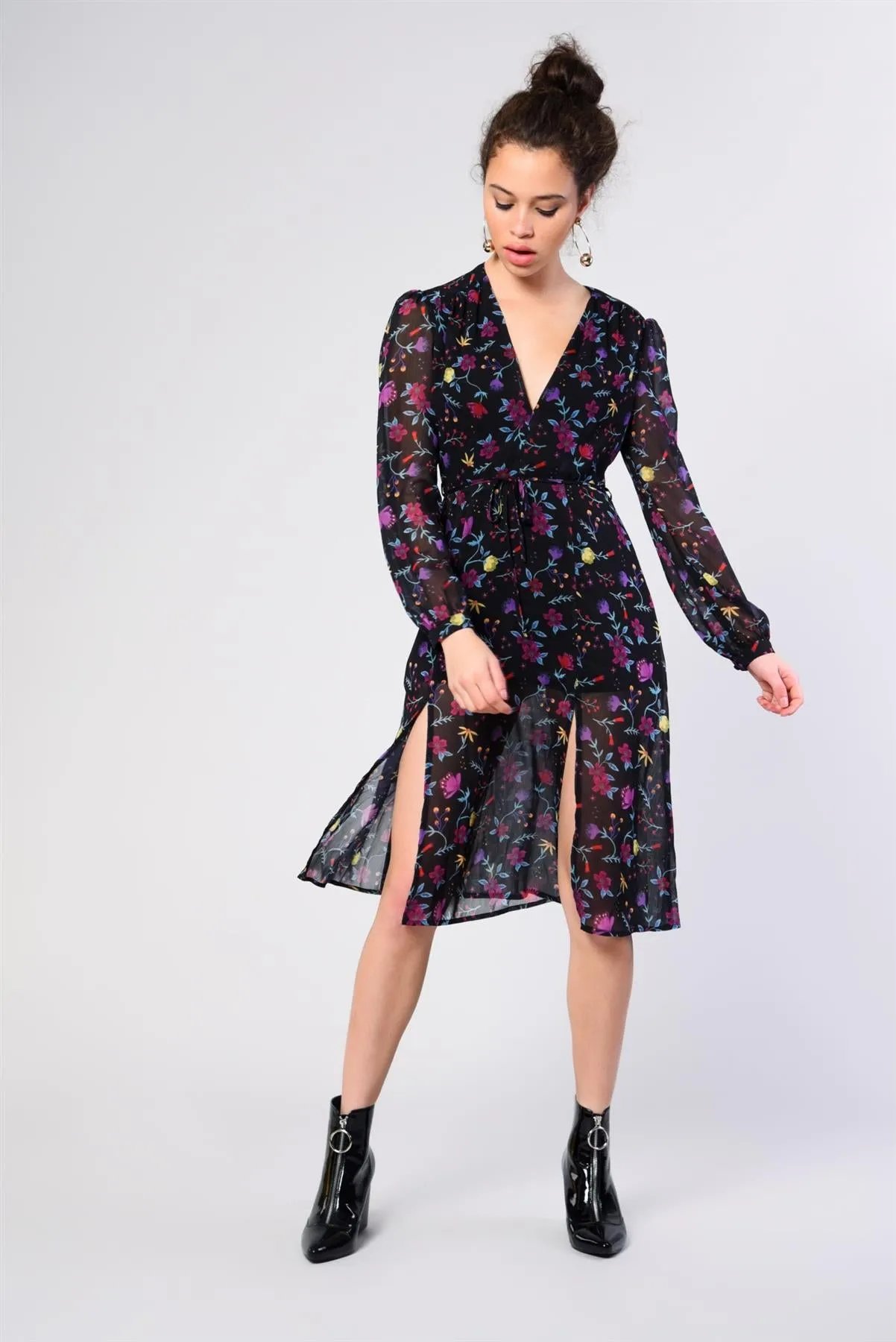 Black Watercolour-Floral Leg-Split Midi-Dress sold by Glamorous