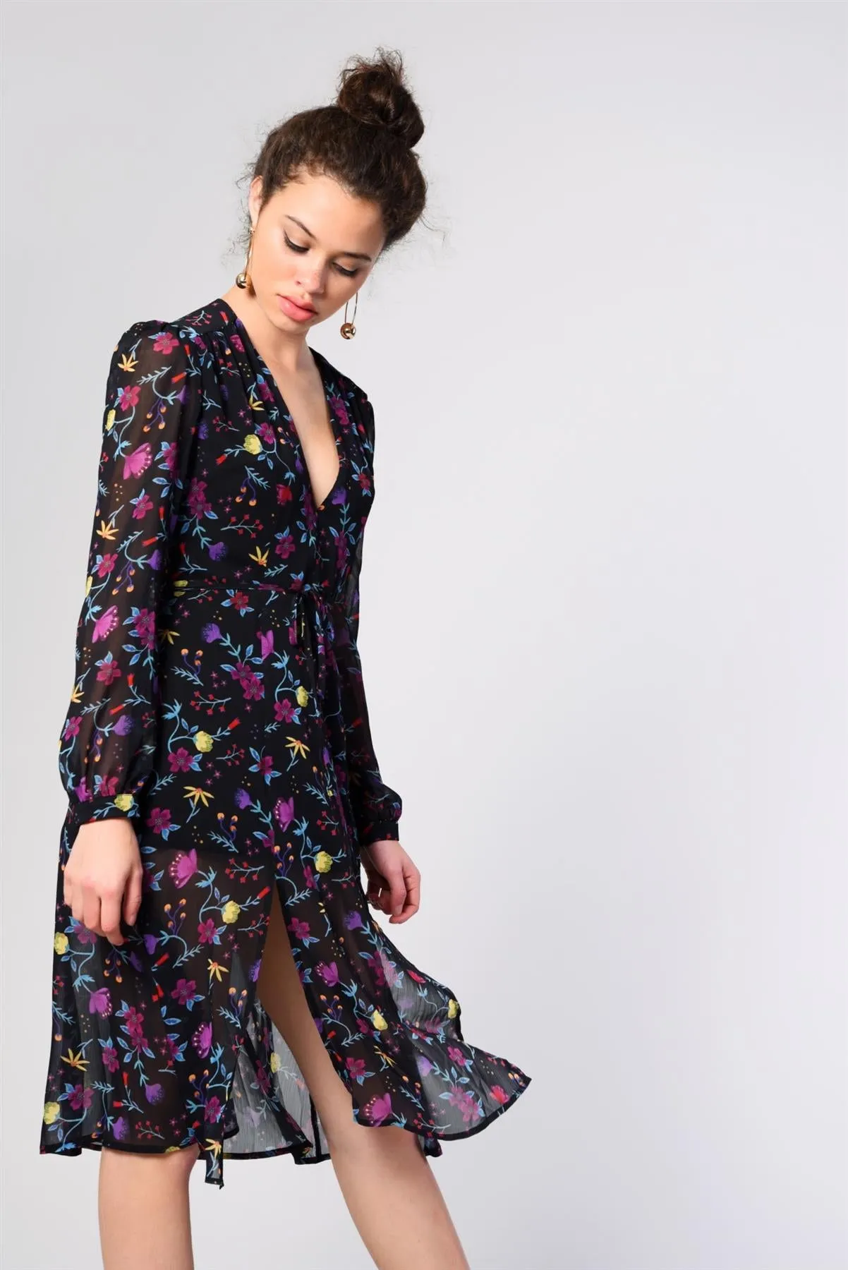Black Watercolour-Floral Leg-Split Midi-Dress sold by Glamorous product image thumbnail 3